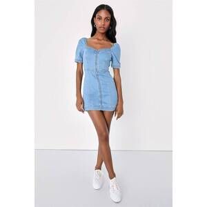 Lulus Trending Vibe Medium Wash Zip-front Denim Dress Blue - Size S